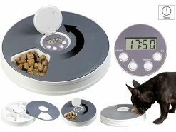 Infactory Katzenfutterautomat:Zeitgesteuerter 6-fach-Katzen- & Hunde-Futterspender, LCD-Display