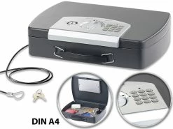 Xcase Geldkassette:Geld- & Dokumentenkassette, Stahl, Elektronik-Schloss, A4, Stahlkabel